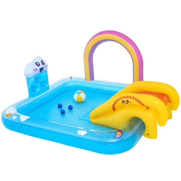 H2OGO! Inflatable Water Play Center & Pool - Rainbows N Rays - 74x59x35, Slide-Sprinkler Arch- Game Balls, Splash Wade Pool, Outdoor, Toddler-Kid 2+