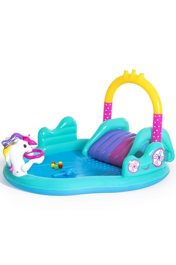 : H2OGO! Magical Unicorn Carriage Play Center - 9' Multicolor Inflatable, Kiddie Wade Splash Pool, Water Slide, Arch Sprayer, Toddler & Kids 2+