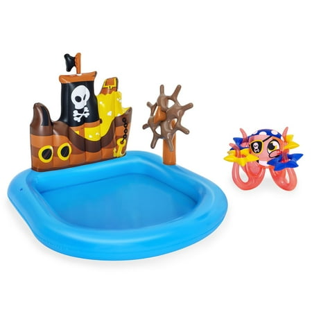 H2OGO! Ships Ahoy Pool Play Center - 55" x 51" x 41" - Bestway, Kids Inflatable Water Play Set, Includes Inflatable Octopus, Compass & 4 Rings, Kids Pirate Themed Pool, 22 Gallon Capacity, Ages 2+