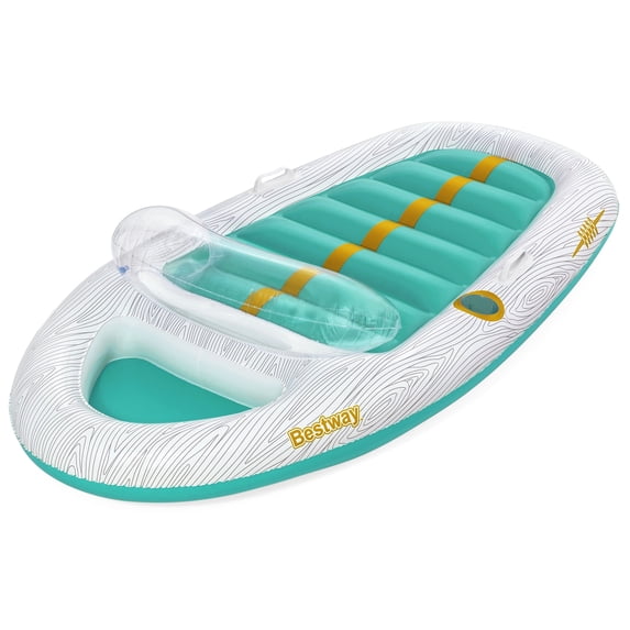 H2OGO! Vacation Yacht Lounge - 7'1" x 46" - White & Green, Bestway, Inflatable Pool & Water Float, Built In Storage & Cupholder, Headrest, Easy Inflate & Deflate, Heavy Duty Handles