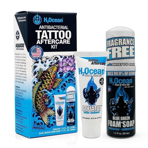 H2Ocean Antibacterial Tattoo Aftercare Kit Aquatat Blue Green Foam 0.75oz 2pc per Pack