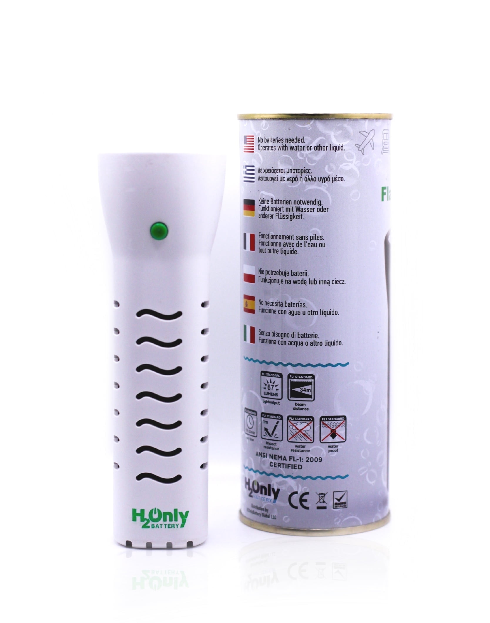 H2OnlyBattery Flashlight - No Batteries Needed - Water Powered (or Any Liquid)- No Expiration Date - 67 Lumens, Emergency Light - Last up to 1500 Hours-White