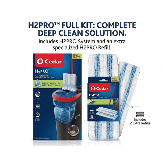 O-Cedar H2prO Microfiber Flat Mop System, H2prO 15in. Flat Mop Microfiber Mop Head Replacement (2-Pack)