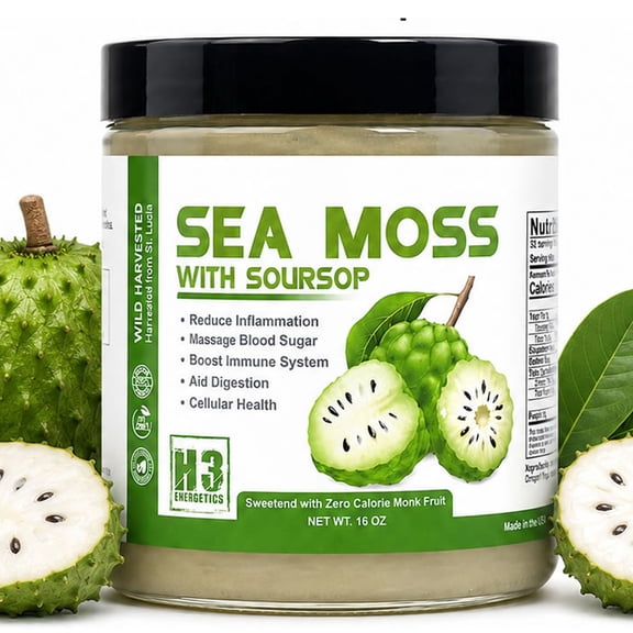 H3 Energetics Soursop Sea Moss Gel, 16 oz, Fruit Infused Irish Sea Moss Gel for Smoothies, Tea & Daily Wellness