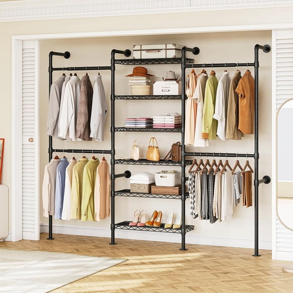H3 Expandable Wall Mounted Closet System, 5.4FT-8.1FT Closet Organizer with 4 Telescopic Rods & 6 Wire Shelves, Industrial Pipe Clothing Rack for Walk-in & Reach-in Closet (Black)