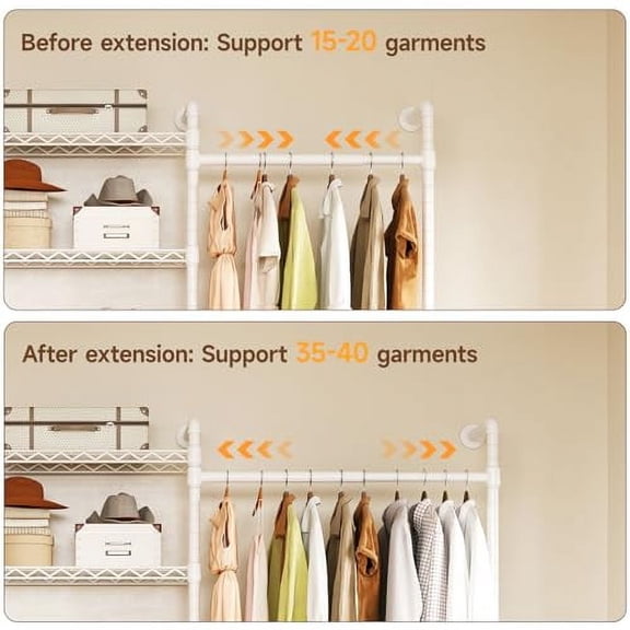 H3 Wall Mounted Closet System, Expandable Industrial Pipe Clothes Rack Clothing Rack for Hanging Clothes, Heavy Duty Closet Organizers and Storage in Wardrobe Closet, White