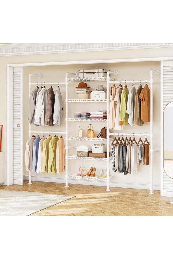 ROGALIS H3 Wall Mounted Closet System, Expandable Industrial Pipe Clothes Rack Clothing Rack for Hanging Clothes, Heavy Duty Closet Organizers and Storage in Wardrobe Closet, White