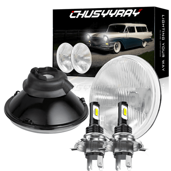 H4 7"Inch Universal Round Conversion Headlights Chrome Clear Glass Lens w/Bulb