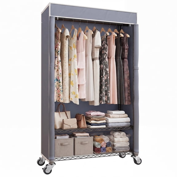 H4 Heavy Duty Clothes Rack With Cover Rolling Garment On Wheels Portable Closet For Hanging Black Clothing Grey Max Load 380lbs
