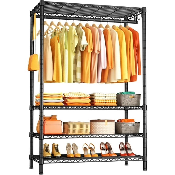 H4 Portable Closets, 4-Tier Metal Clothes Garment Rack for Bedroom and Cloakroom, Clothing Closet Storage and Organizer Wardrobe, 35.4" W x 14" D x 76.4" H, Black