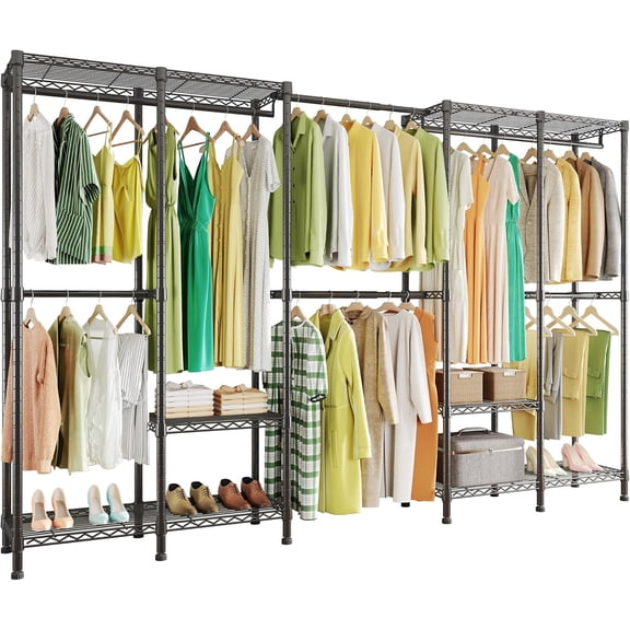 H5 Pro Heavy Duty Garment Rack, Freestanding Clothes Wardrobe Closet for Hanging Clothes, Portable Organizer with Expandable Hanger Rods, (97.7-115.4")L x 15.7"W 75.4"H, Black