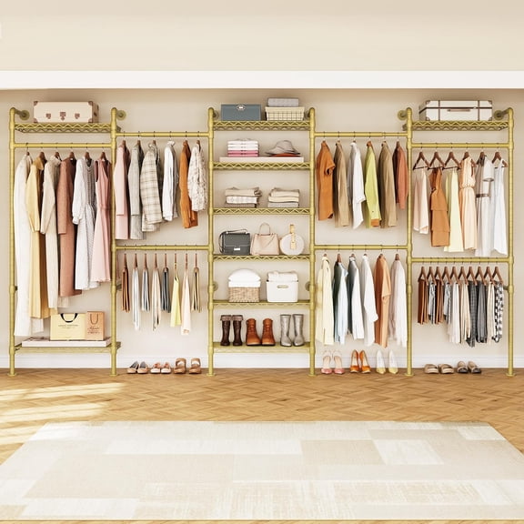 H5 Wall Mounted Closet System, Pipe Clothes Racks Clothing Rack with 4 Telescopic Rods & 3 Fixing Rods & 9 Shelves, Heavy Duty Closet Organizers and Storage in Wardrobe Closet (Gold)