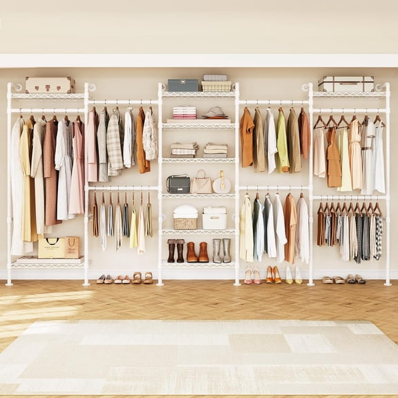 H5 Wall Mounted Closet System,  Pipe Clothes Racks Clothing Rack with 4 Telescopic Rods & 3 Fixing Rods & 9 Shelves, Heavy Duty Closet Organizers and Storage in Wardrobe Closet (White)