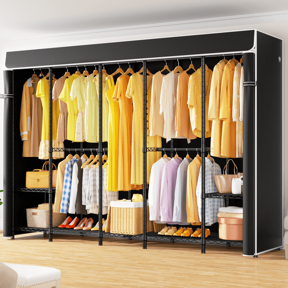 H50C Extra Large Clothes Rack with Cover, Freestanding Portable Closet, Covered Clothing Racks for Hanging Clothes, Heavy Duty Garment Rack, Wardrobe Closet with Black Cover Max Load 1350 Lbs