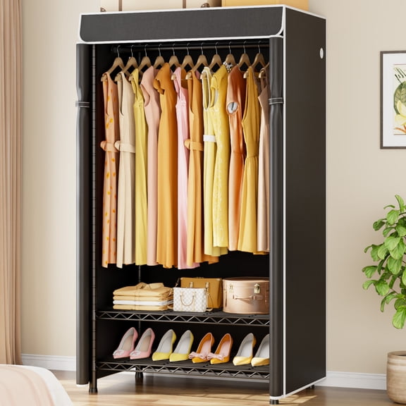 H5C Clothes Rack with Cover, Covered Clothing Rack Heavy Duty Garment Rack with Shelves, 3-Tier Portable Closets for Hanging Clothes, Max Load 360LBS, Black Closet Racks with Black Cover