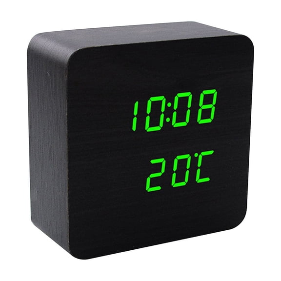 H6001 Black Wood Green LED Digital Alarm Clock, Multifunctional Electronic Desktop Clock with Voice Control, Radio-Controlled Atomic Clock - for Bedroom, Office, Living Room, Nightstand