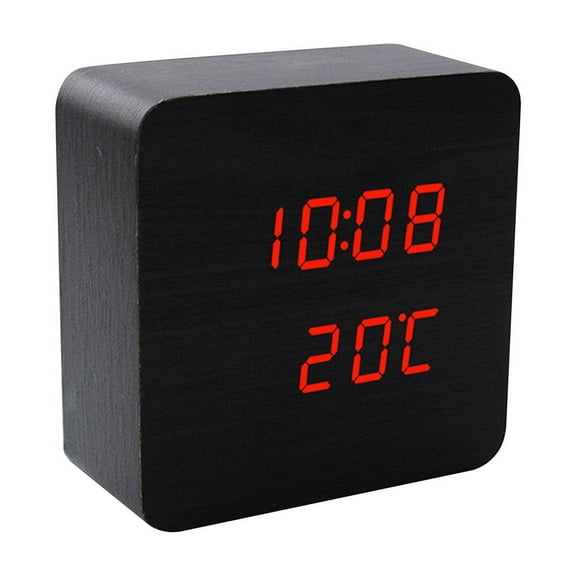 H6001 Black Wooden Red Digit Voice - Controlled LED Digital Alarm Clock, Multifunctional Electronic Table Clock, Atomic Clock with Time & Temperature Display - for Bedroom, Office, Living Room, Night