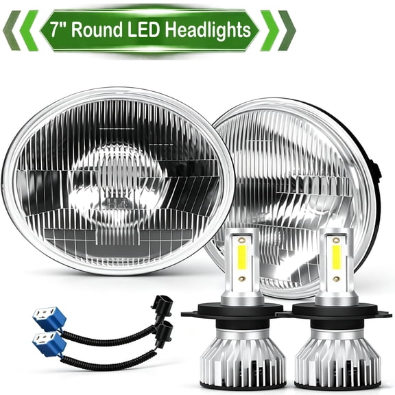 H6024 7" Round Sealed Beam Glass Headlights Pair with H4 LED Bulbs, Retro Style Headlamp Conversion Kit
