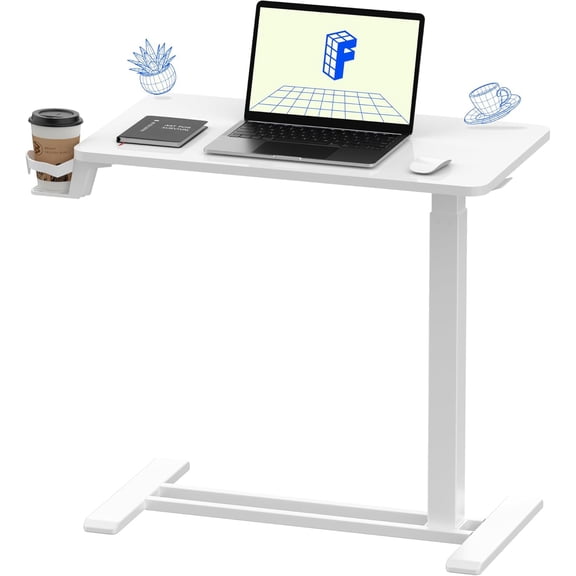 H7 Adjustable Overbed Bedside Table with Wheels Pneumatic Mobile Standing Desk Laptop Desk Rolling Computer Cart Movable Overbed Table Hospital Home Use(27.6" W x 15.7" D, White)