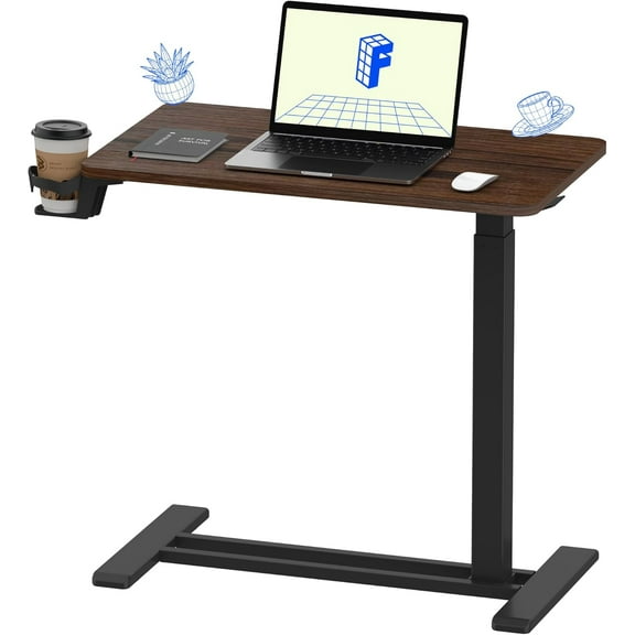 H7 Adjustable Overbed Bedside Table with Wheels Pneumatic Mobile Standing Desk Laptop Desk Rolling Computer Cart Movable Table Hospital Home Use(27.6" W x 15.7" D, Mahogany Table)