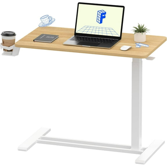 H7 Adjustable Overbed Bedside Table with Wheels Pneumatic Mobile Standing Desk Laptop Desk Rolling Computer Cart Movable Table Hospital Home Use(31.5" W x 17.7" D, Maple Large)