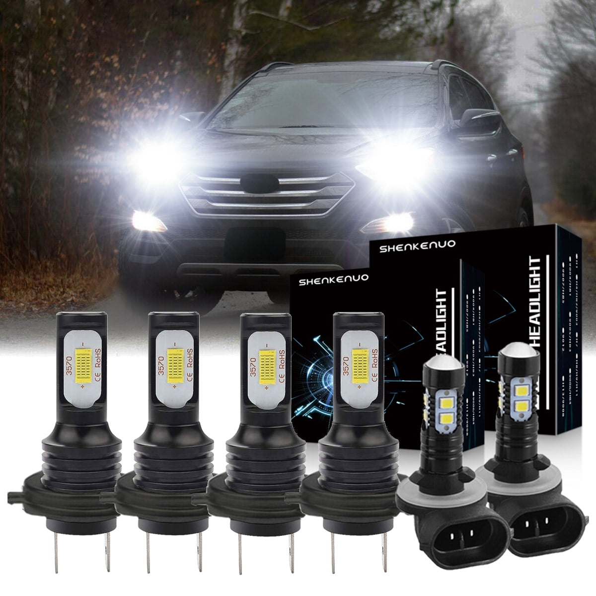 H7 Headlights for 2007 2008 2009 Hyundai Santa Fe 6500K White H7 High ...