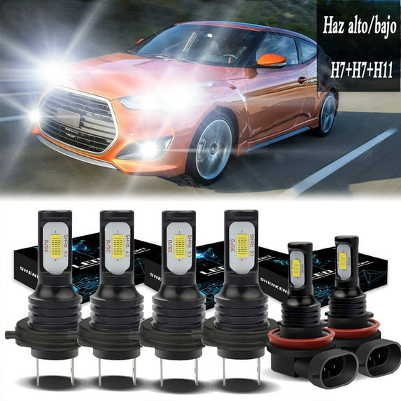 H7 Headlights for 2013-2017 Hyundai Veloster 6500K White H7 High/ Low Beam H11 Fog light Bulbs,6pc
