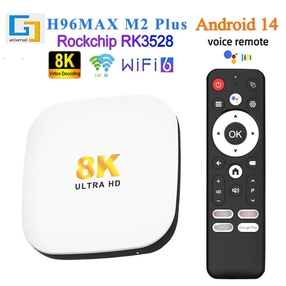 H96MAX M2 Plus Android TV Box, RK3528 Octa-Core, 2GB RAM 16GB ROM, Android 14, Wi-Fi 6, BT5.2, 8K Ultra HD, HDR10+, Voice Remote Control
