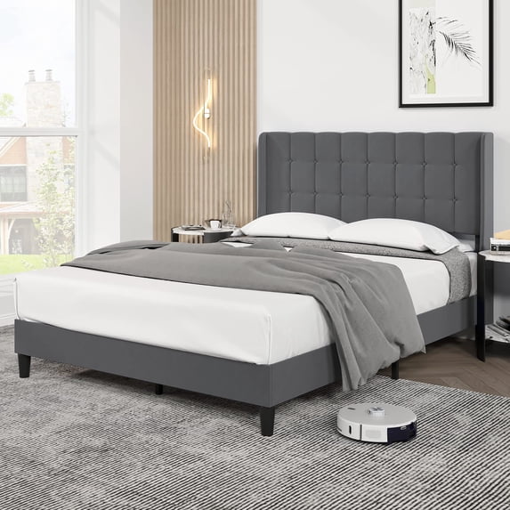 HA-EMORE Bed Frame with Headboard, Upholstered Bed Frame Queen Size with Tufted Headboard and Wingback, No Box Spring Needed, Easy Assembly, Strong Wood Slat Support