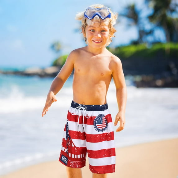 HA-EMORE Boys' American Flag Swim Trunk 5-6 White Red Quick Dry Boys Boardshorts Boys Bathing Suit UPF 50+ Sun Protection