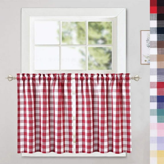 HA-EMORE Cafe Curtains 24 Inch Navy Blue Buffalo Plaid Gingham Check Short Tier Curtains for Kitchen Bathroom Window Curtain