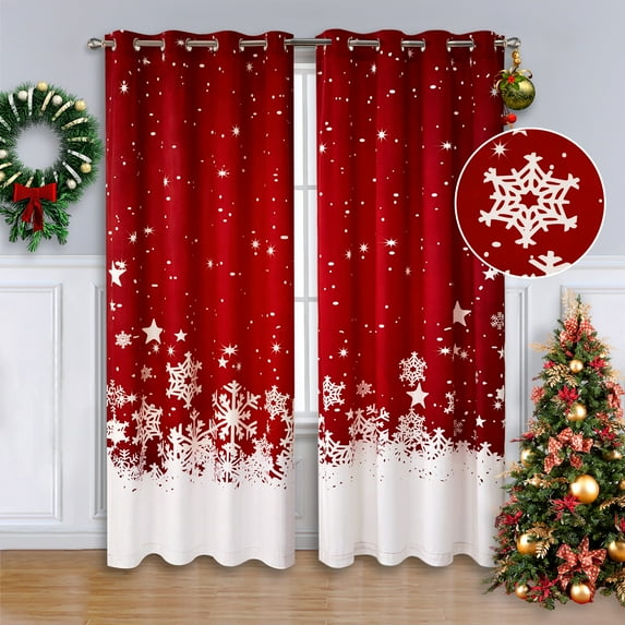 HA-EMORE Christmas Curtains 2 Panel Sets, Red Velvet Floral Snowflake Thermal Insulated Decoration Curtains 52"*95"