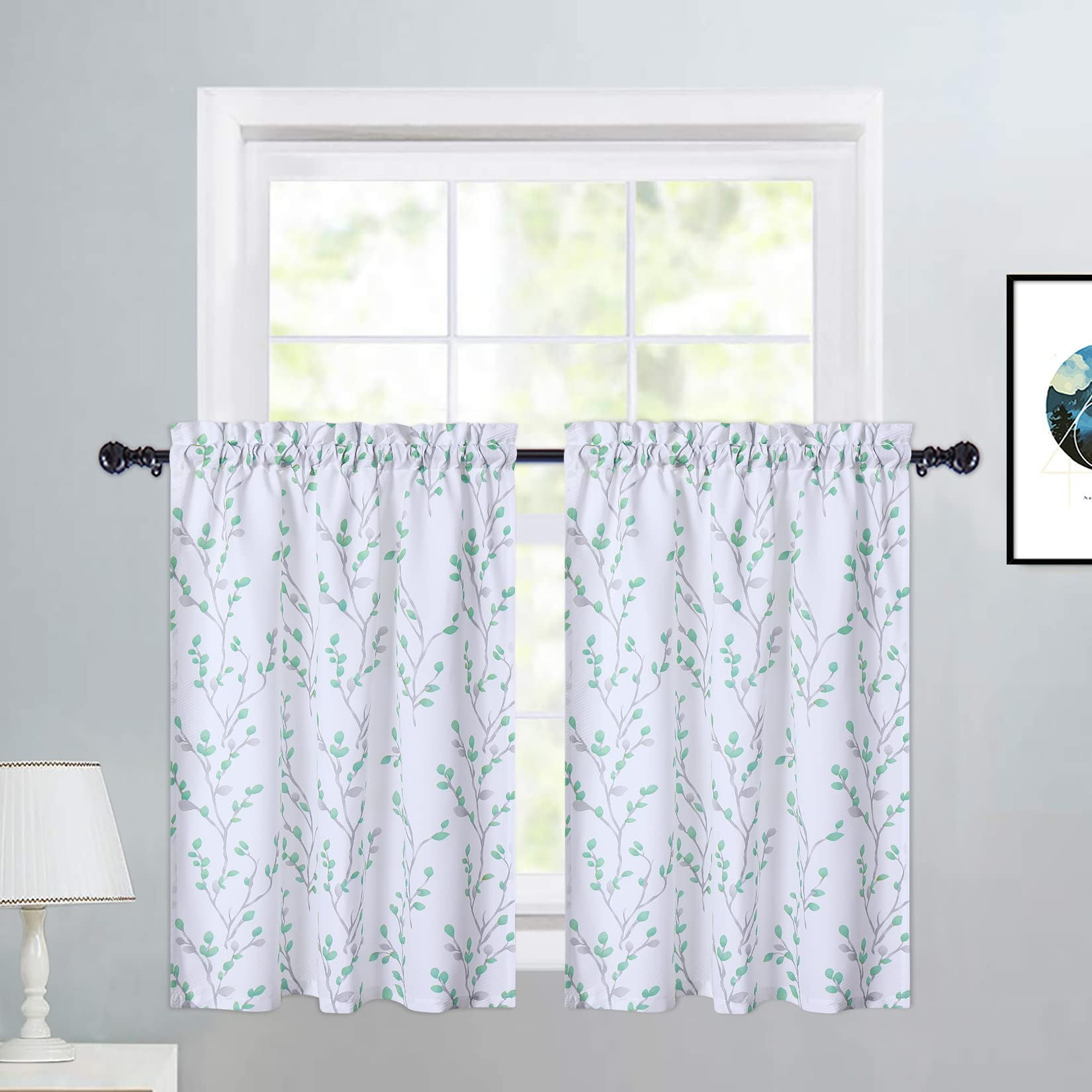HA-EMORE Set of 2 Tier Curtains for Kitchen Window, Leaf Floral Pattern ...