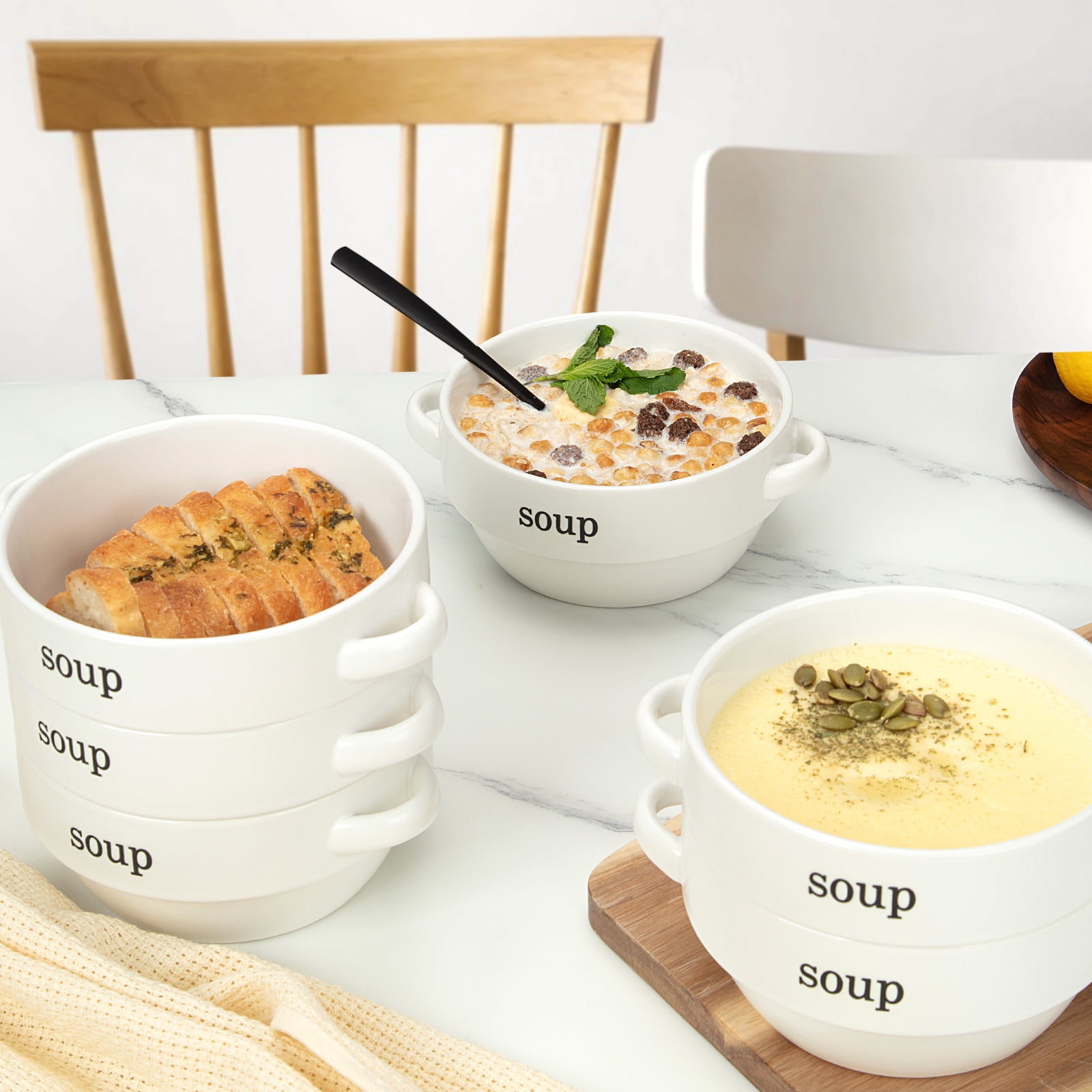 HAEMORE Soup Bowls with Handles Ceramic Premium Bowls Set 24 Oz Large