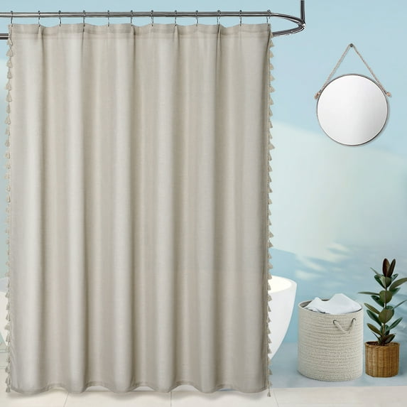 HA-EMORE Tassel Shower Curtain for Bathroom, Modern Farmhouse Linen Blend Fabric Shower Curtain with Vintage Boho Chic Tassles, Taupe