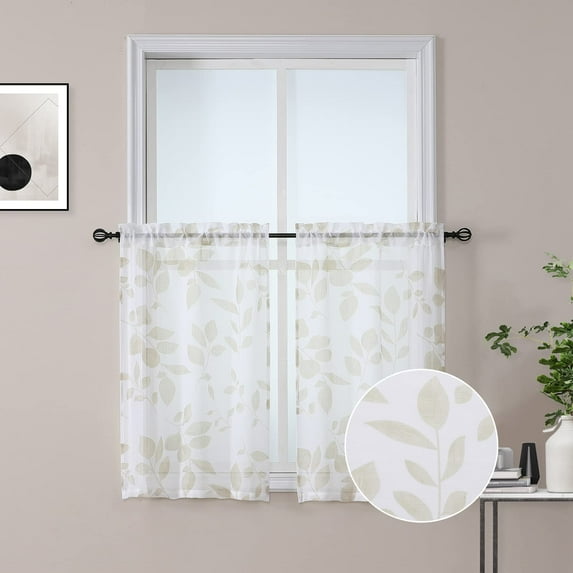 HA-EMORE Taupe and White Kitchen Window Curtain Tiers, Quatrefoil Leaves Pattern Sheer Bathroom Window Curtain, Floral Printed Half Window Covering Voile Cafe Curtains