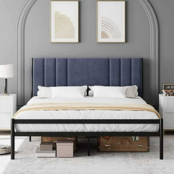 HA-EMORE Twin Bed Frame, Platform Bed Frame with Velvet Headboard Upholstered Platform with Headboard and Strong Wooden Slats, Strong Weight Capacity Non-Slip and Noise-Free