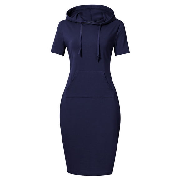 HA-EMORE Women Short Sleeve Pocket Knee Length Slim Pullover Hoodie Dress