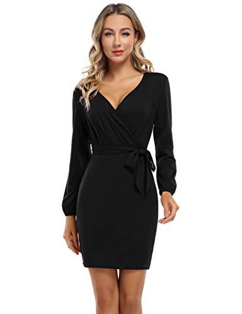 HA-EMORE Women's Dress V-Neck Puff Sleeve Casual Soft Work Party Cocktail  Fall Floral Elegant Slim Fit Bodycon Mini Pencil Dress Black M 