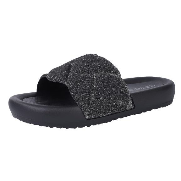 HA-EMORE Women's Fashion Sparkly Slides Round Open Toe Slip On House Slippers Soft Thick Cushion Flat Sandals for Women Black Size 6