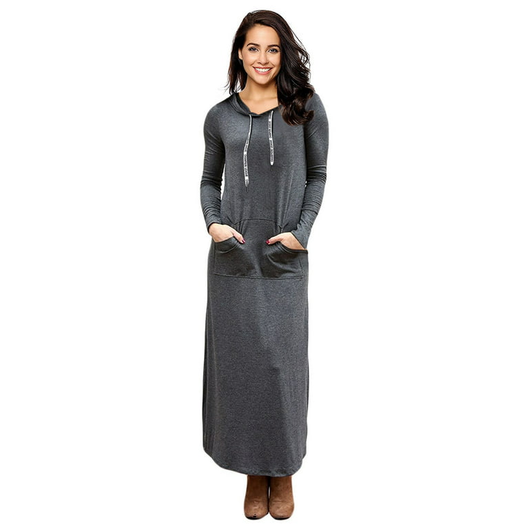 HA-EMORE Women's Long sleeve Hoodie Dress Casual Ankle Length Long