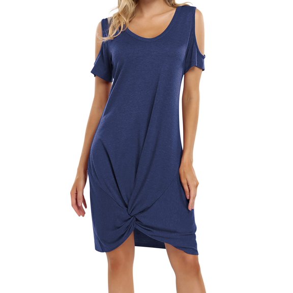 HA-EMORE Women's T Shirt Dress Casual V Neck Cold Shoulder Short Sleeve Knee Length Tunic Dresses