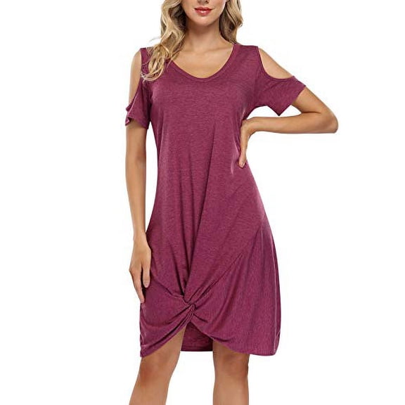 HA-EMORE Women's T Shirt Dress Casual V Neck Cold Shoulder Short Sleeve Knee Length Tunic Dresses