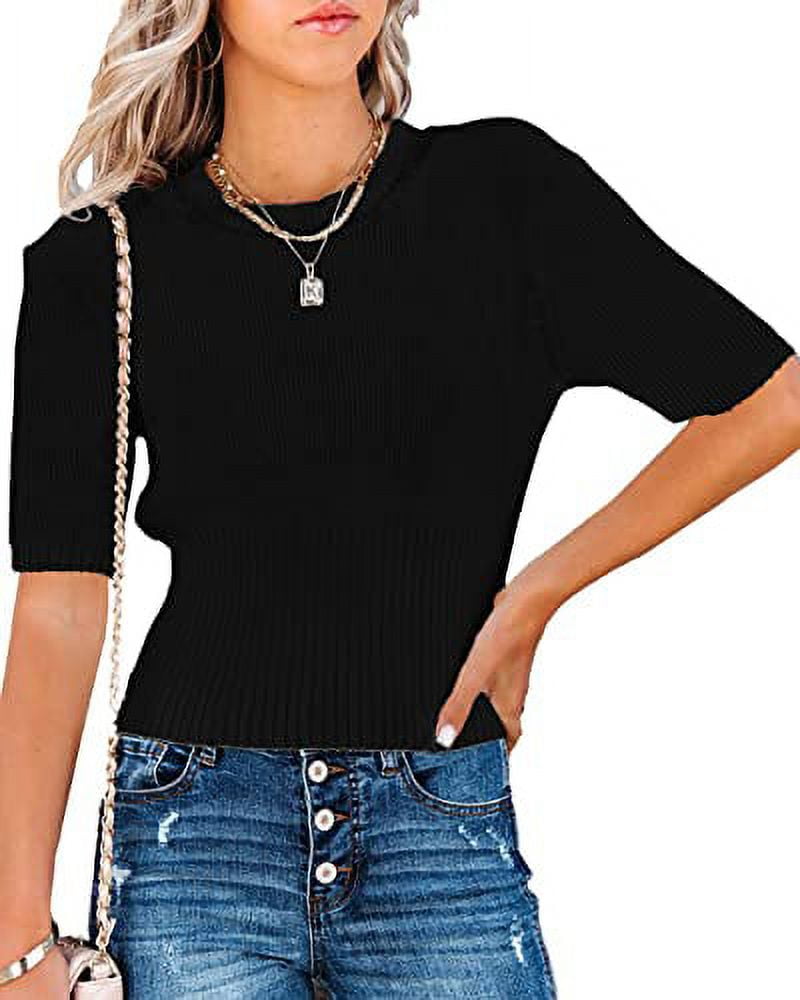 HA-EMORE Womens Short Sleeve Sweaters Tops Crewneck Ribbed Pullover Shirt  Fashion Ladies Soft Slim Fit Knit Sweater Blouse Women Tops Blouse 