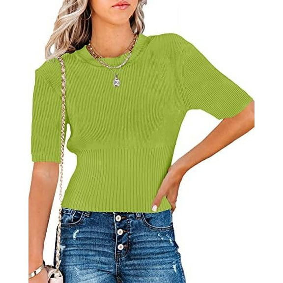 HA-EMORE Womens Short Sleeve Sweaters Tops Crewneck Ribbed Pullover Shirt Fashion Ladies Soft Slim Fit Knit Sweater Blouse Women Tops Blouse