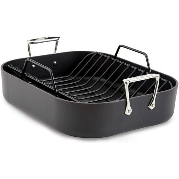HA1 Hard Anodized Nonstick Roaster and Nonstick Rack 13x16 Inch Oven Broiler Safe 500F Roaster Pan Pots and Pans Cookware Black