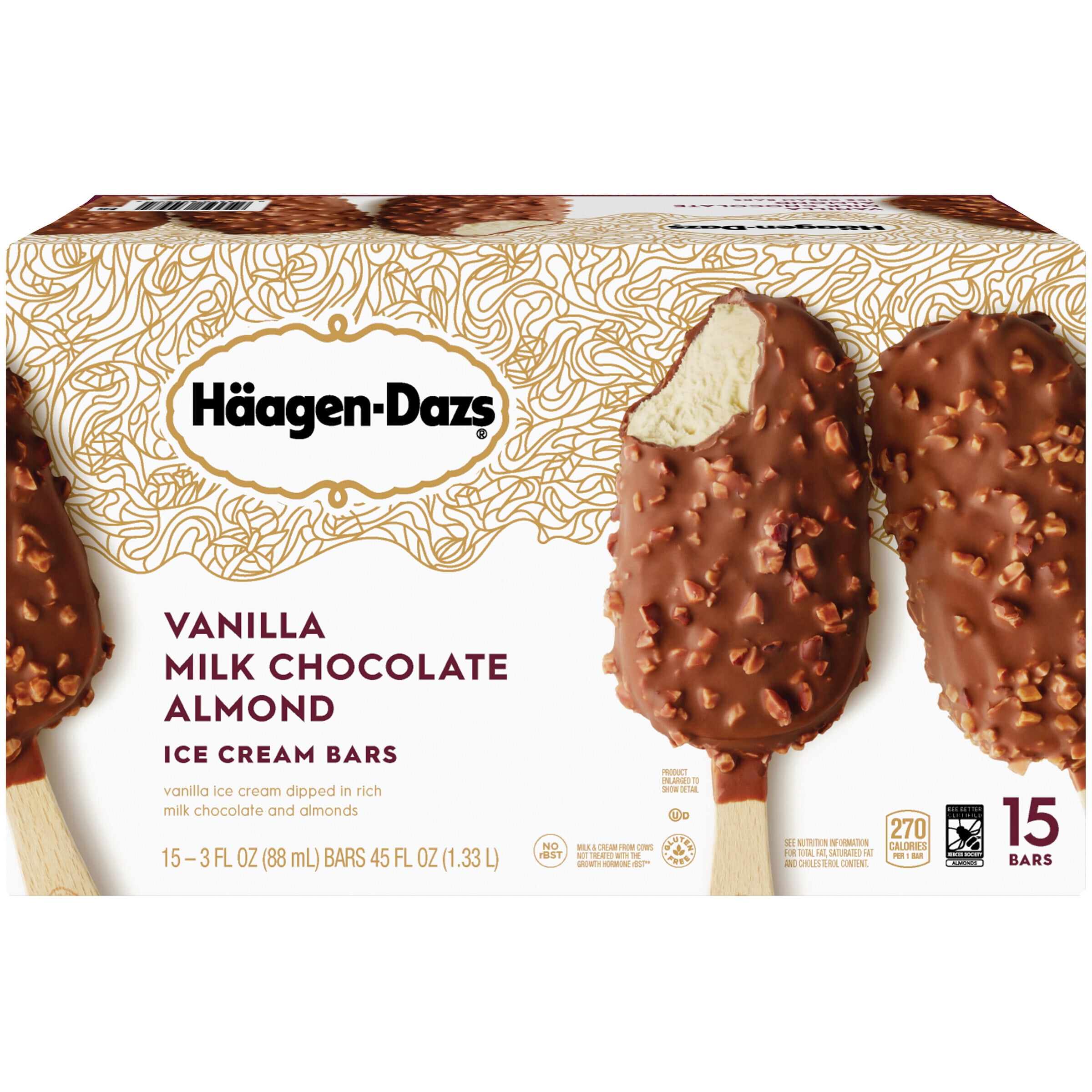 HAAGENDAZS Ice Cream Bars, Vanilla Milk Chocolate Almond Bar, 15 Ct