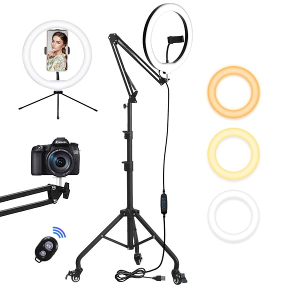 HAARAY 12" Selfie Ring Light with 82" Extendable Wheeled Tripod Stand & Foldable Arm, 160 LED Dimmable Circle Light with Overhead Phone Mount & Phone Tripod for Live Stream Makeup Tiktok YouTube