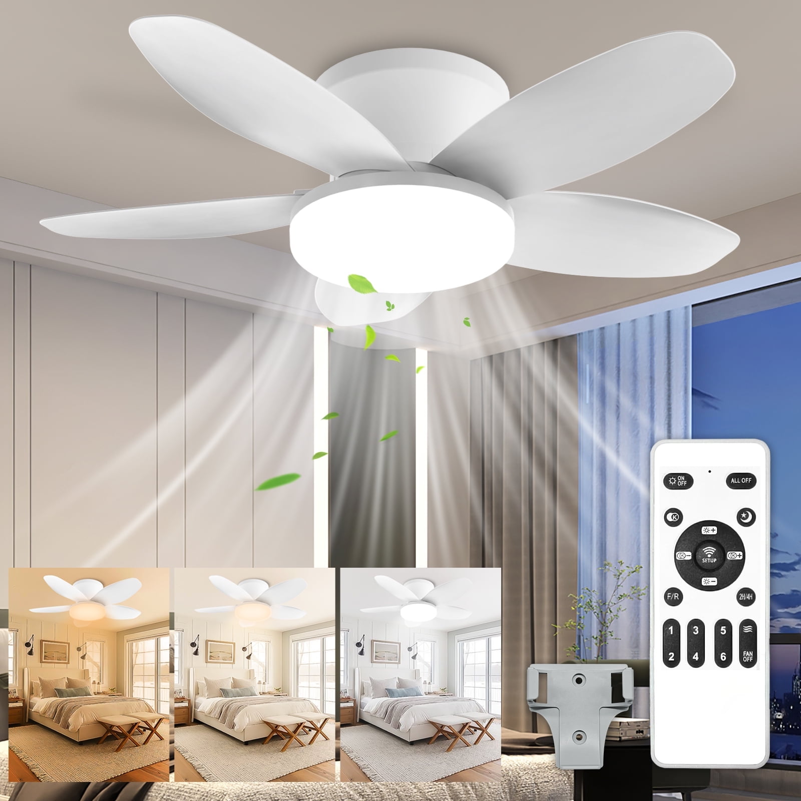 HAARAY Ceiling Fans with Lights Flush Mount, 25.6" Low Profile LED Ceiling Fan with Light and Remote, DC Reversible Motor, 6 Speed 3 Color Dimmable White Ceiling Fan Light 1800LM for Bedroom Kitchen
