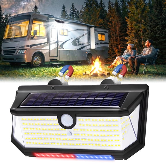 HAARAY Magnetic Solar RV Lights Outdoor, 218 LED Super Bright Motion Sensor Outdoor Lights, 2400mAh RV Porch Exterior Light IP65 Waterproof with Warning Light for Travel Trailer Truck Camper, 1 Pack
